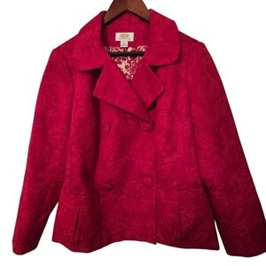 Talbots Jacquard Cherry Red Double Breasted Jacket Covered Buttons Petite